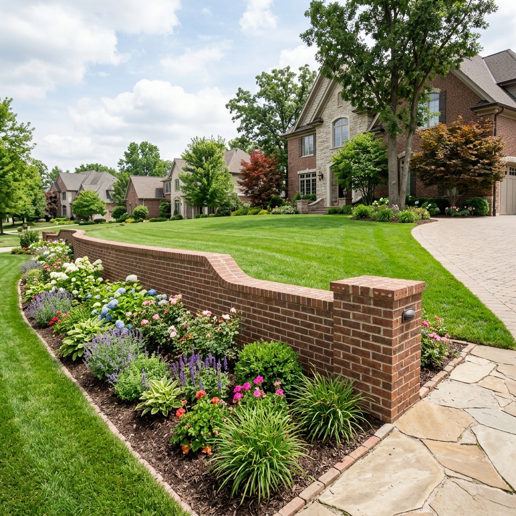 Finished retaining wall beside a landscaped property