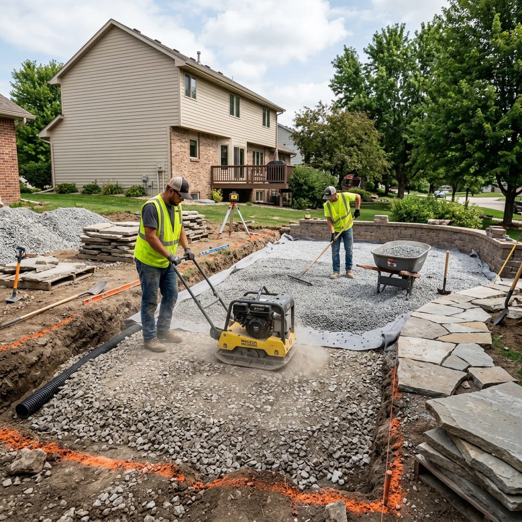Compacted crushed gravel base layer prepared for flagstone installation