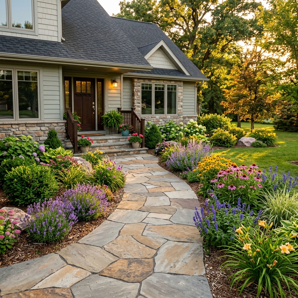 Completed flagstone walkway leading to a home entrance with garden borders