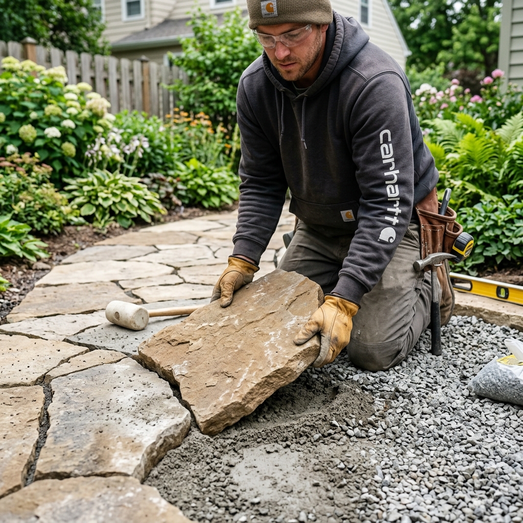 Contractor carefully placing flagstone pavers during professional installation