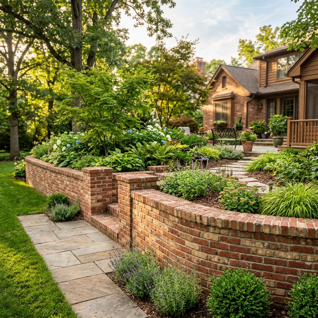 Brick retaining wall landscape
